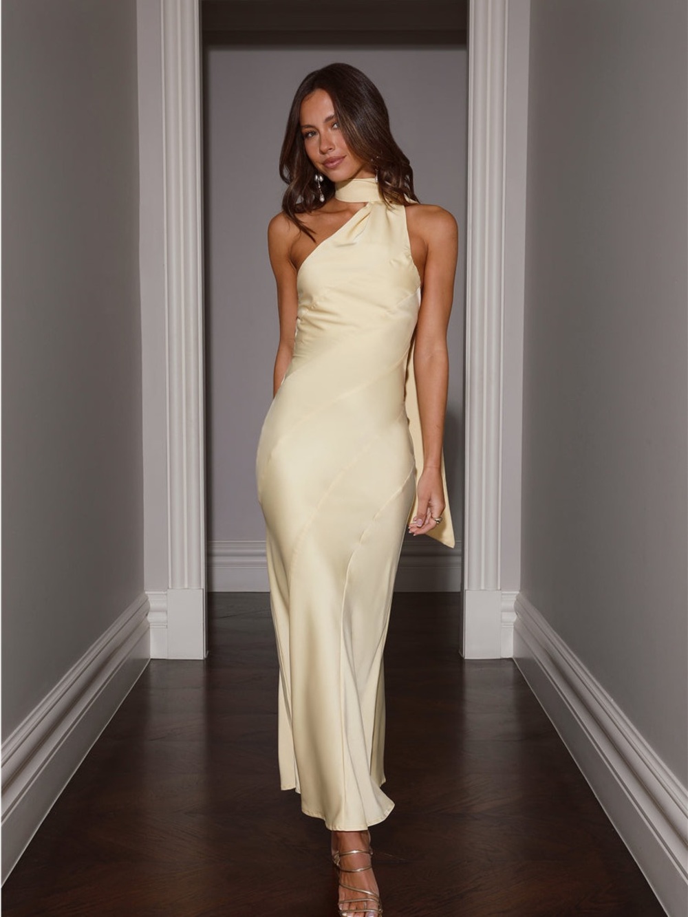 NWT Hello Molly Elegant One-Shoulder Yellow Satin Evening Dress